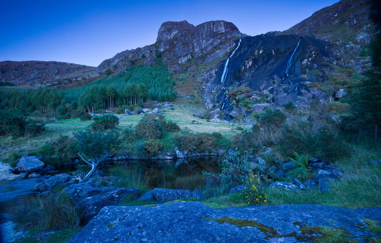 Photo wallpaper the sky, mountains, lake, stones, the evening