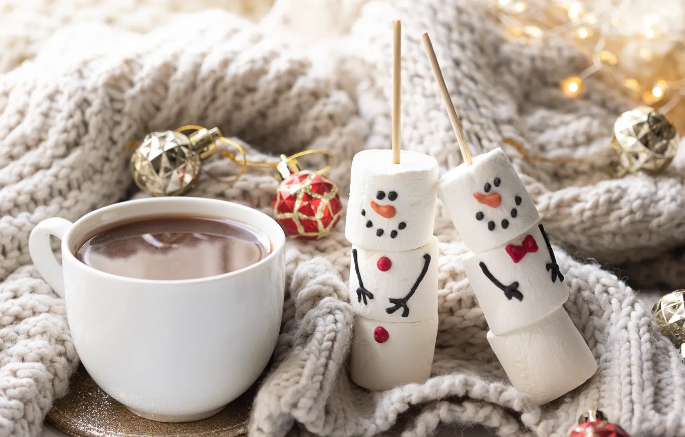 Photo wallpaper balls, light, comfort, holiday, new year, Christmas, mug, Cup