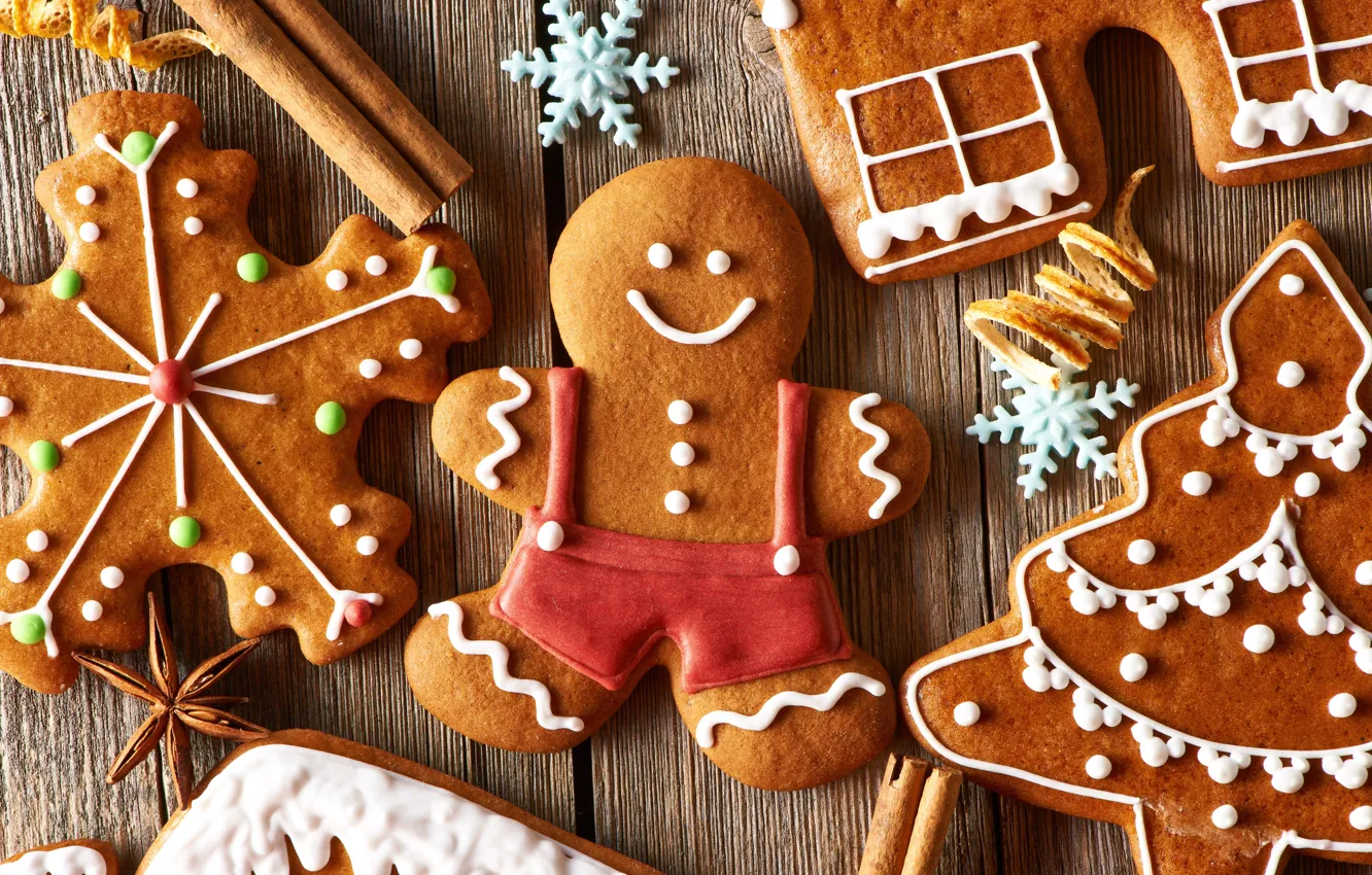 Photo wallpaper holiday, tree, cookies, Christmas, man, sweets, New year, figures