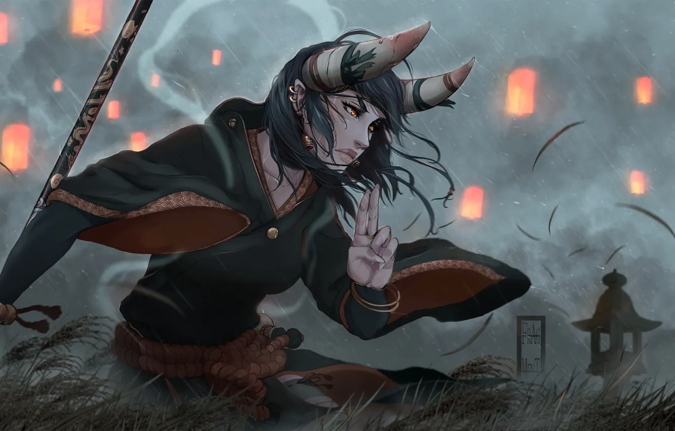Photo wallpaper girl, sword, fantasy, horns, katana, artwork, Samurai, warrior