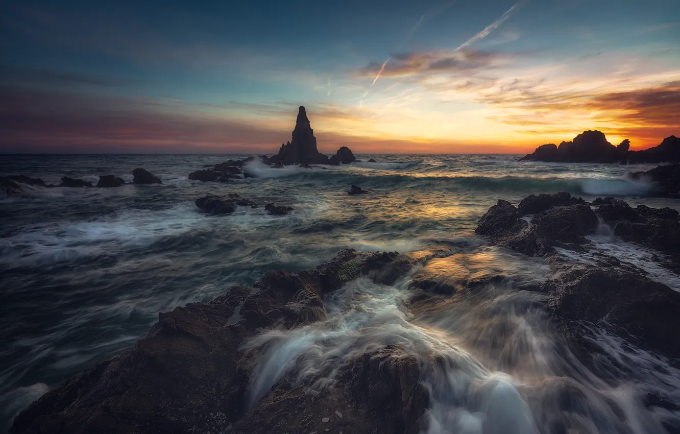 Photo wallpaper sea, sunset, rocks, shore, the evening, twilight