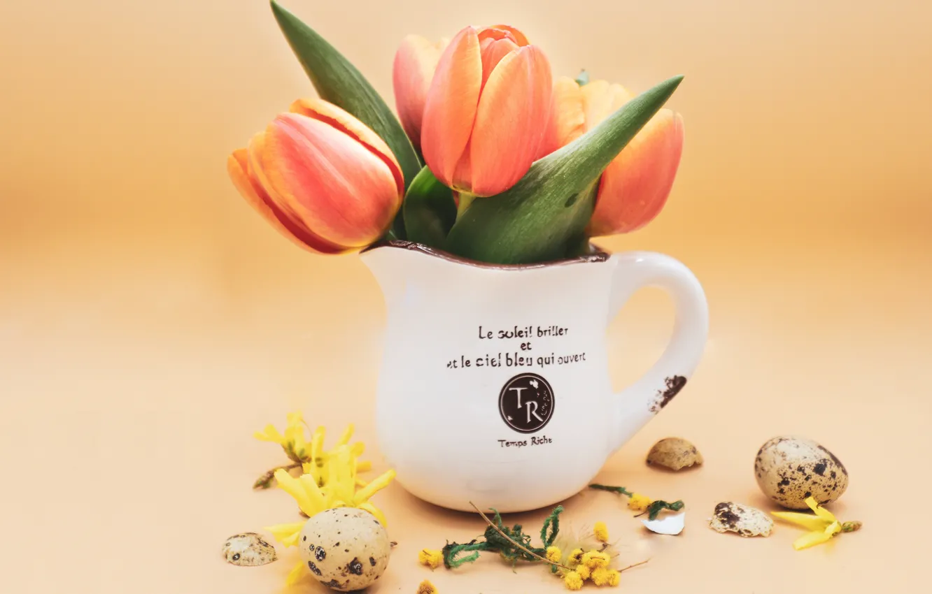Photo wallpaper flowers, orange, eggs, bouquet, spring, Easter, tulips, vase