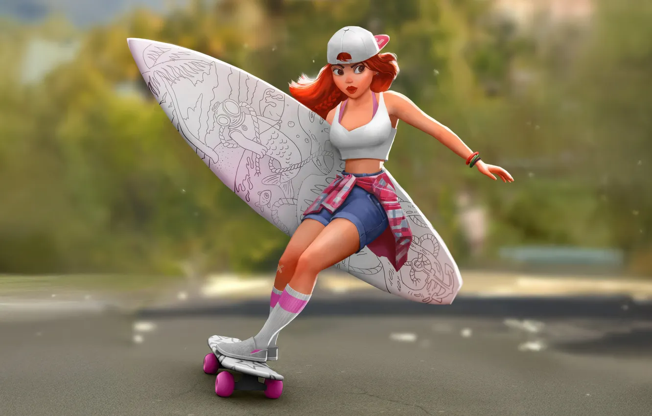 Photo wallpaper girl, young, anime, skateboard, rolling