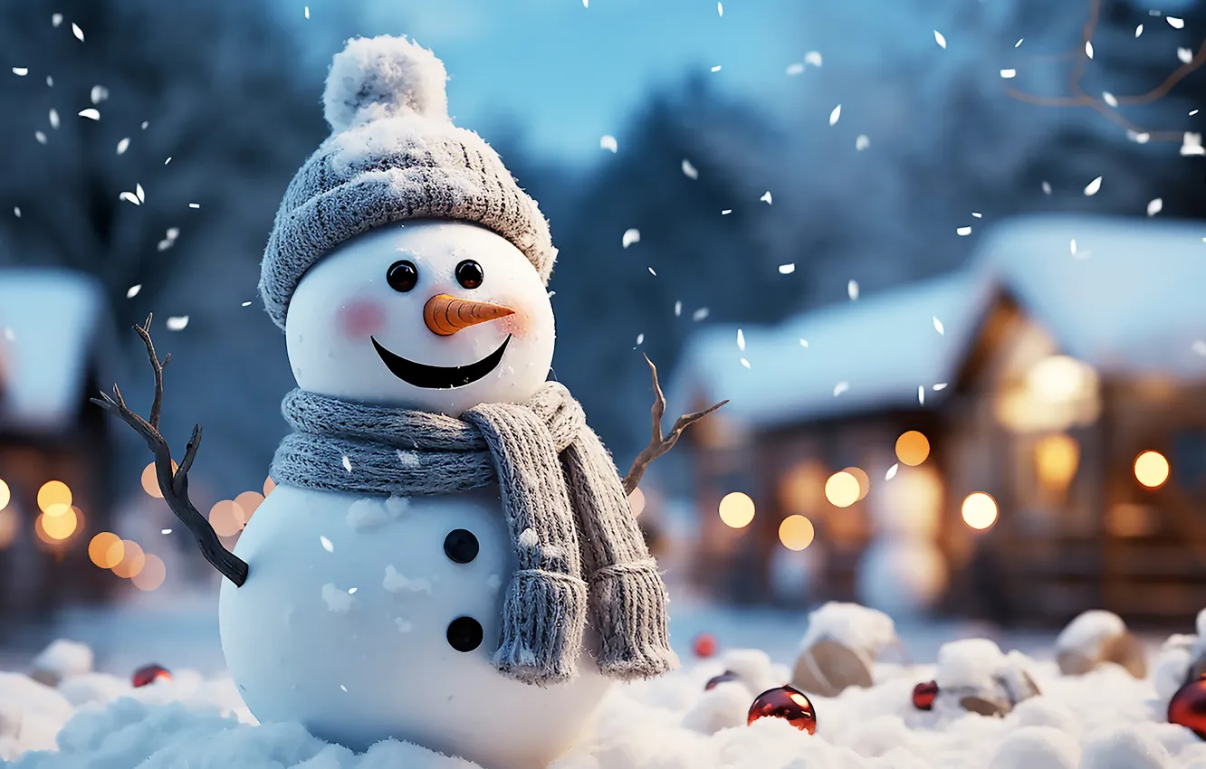 Photo wallpaper winter, snow, new year, Christmas, snowman, Christmas, winter, snow