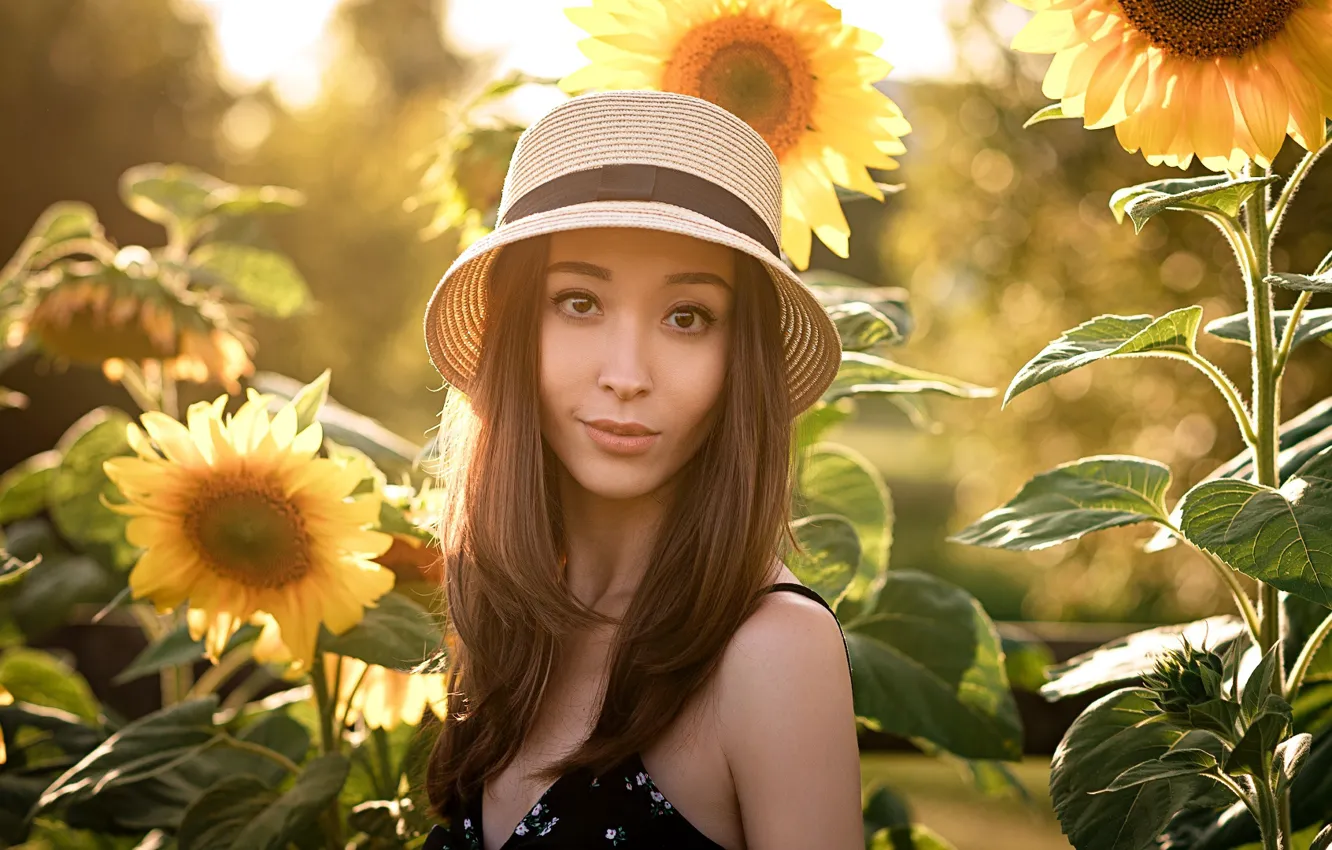 Photo wallpaper summer, look, girl, sunflowers, face, hat, Arina Kim, Anton Nabatchikov