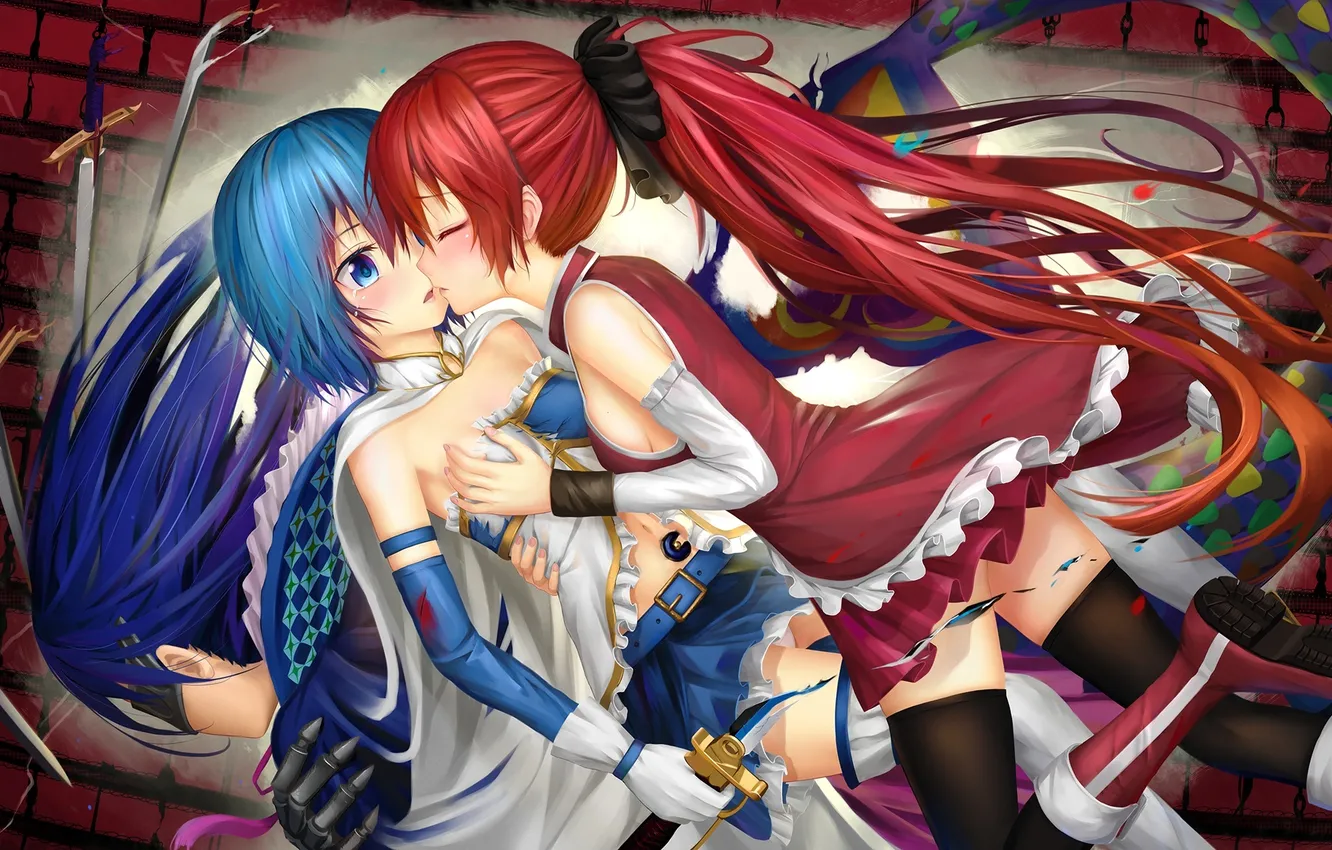 Photo wallpaper girl, weapons, surprise, tears, hugs, art, mahou shoujo madoka magica, embarrassment