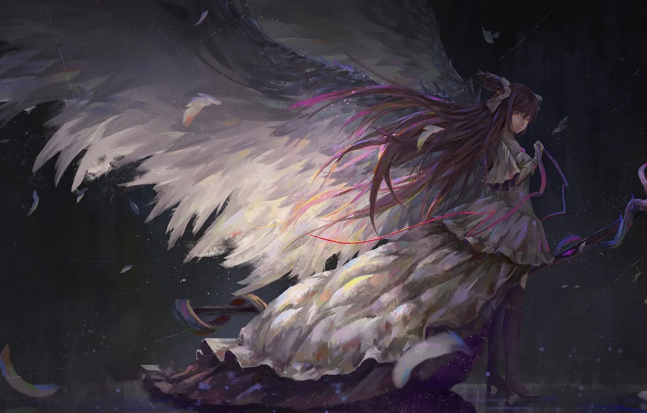 Photo wallpaper girl, magic, wings, anime, art, tape, mahou shoujo madoka magica, madoka kaname