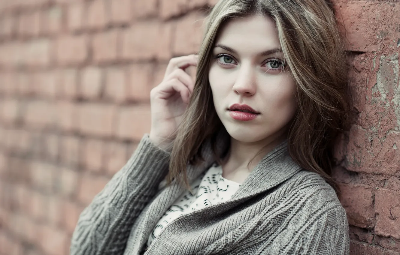 Photo wallpaper look, girl, wall, hair, hands, lips, jacket, CHEEKBONES