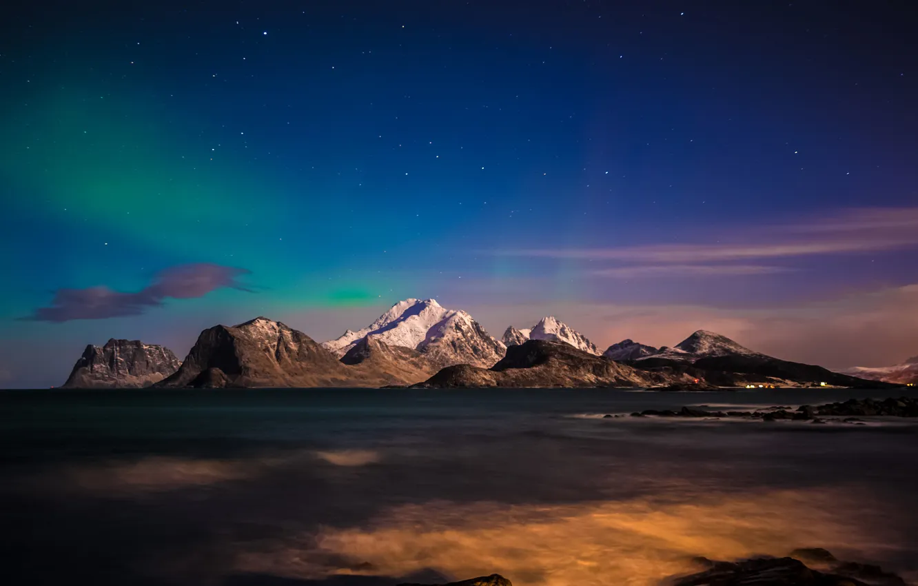 Photo wallpaper sea, the sky, stars, light, snow, mountains, lights