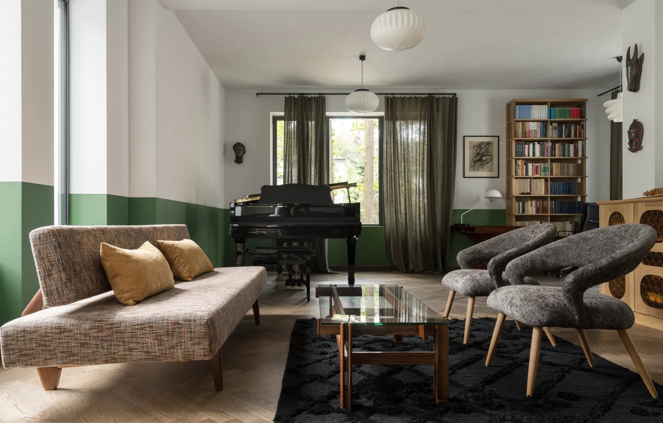 Photo wallpaper design, style, interior, piano, Poland, library, living room, by Loft Kolasiński