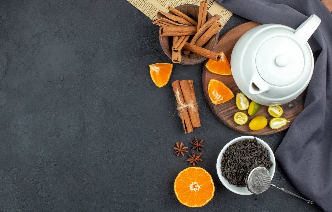 Photo wallpaper tea, orange, kettle, cinnamon, welding, strainer