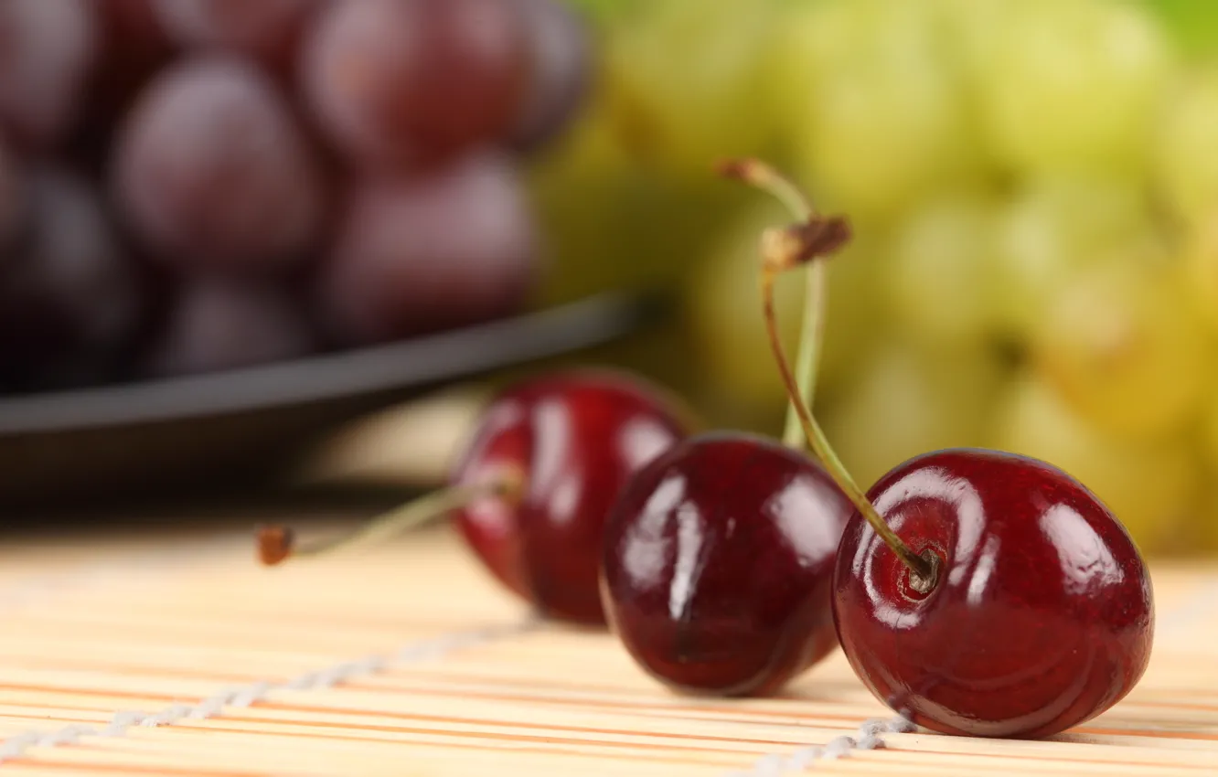 Photo wallpaper grapes, cherry, bokeh, ripe