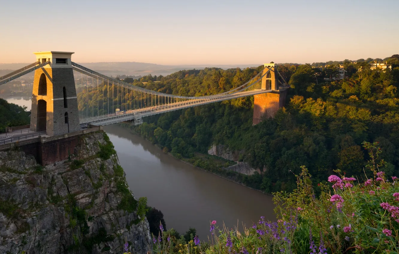 Photo wallpaper flowers, bridge, river, England, panorama, England, Bristol, Bristol