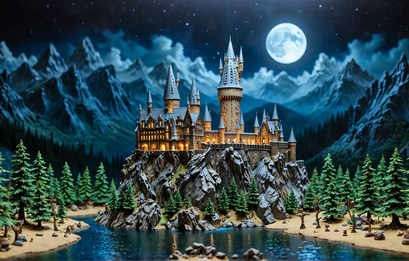 Photo wallpaper moon, fantasy, forest, night, magic castle