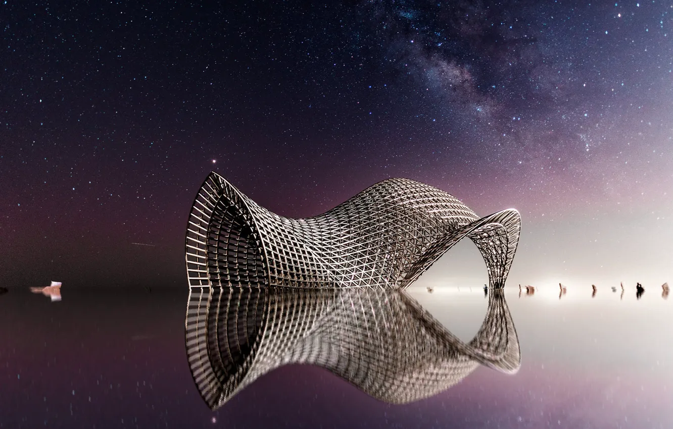 Photo wallpaper water, stars, night, reflection, mesh, shore, China, Shanghai