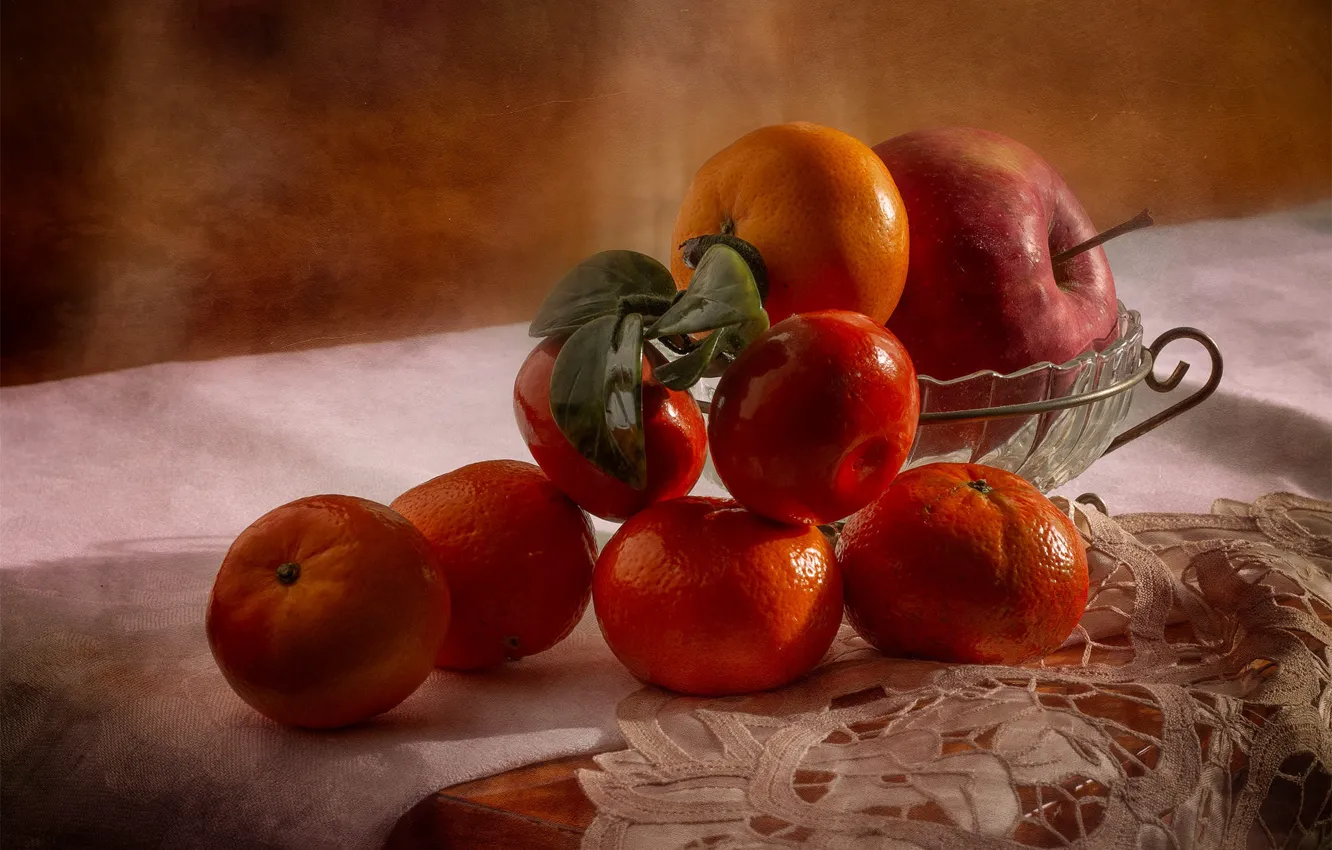 Photo wallpaper table, apples, fruit, napkin, tangerines