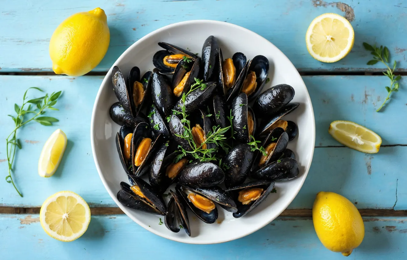 Photo wallpaper lemon, plate, seafood, mussels, AI art