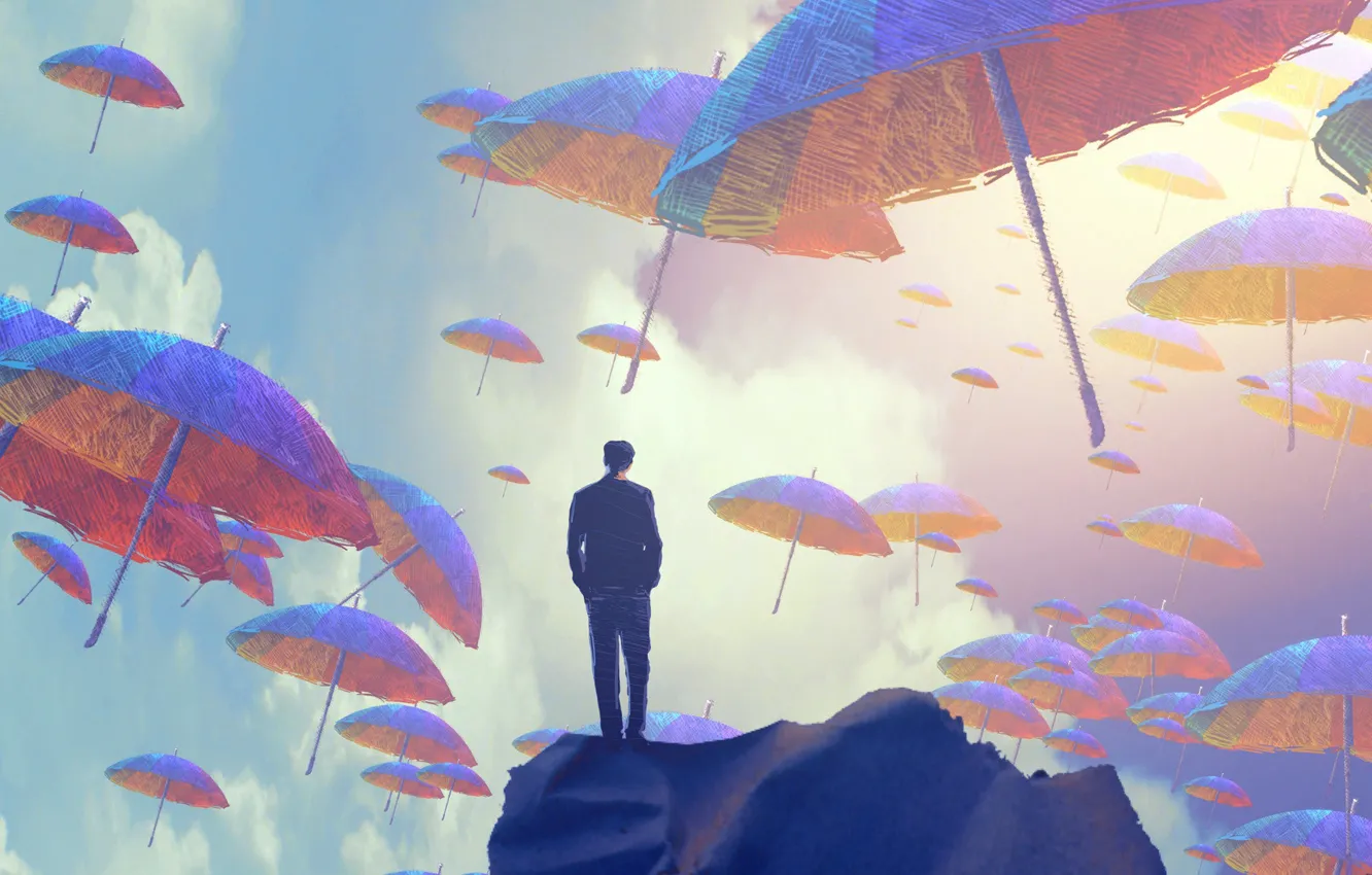 Photo wallpaper the sky, umbrella, fiction, art, male, sky, umbrella, art