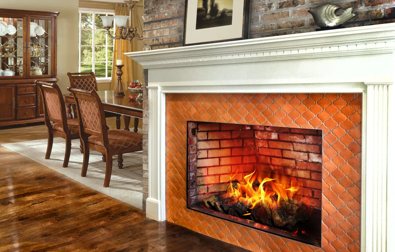 Photo wallpaper Villa, interior, fireplace, dining room