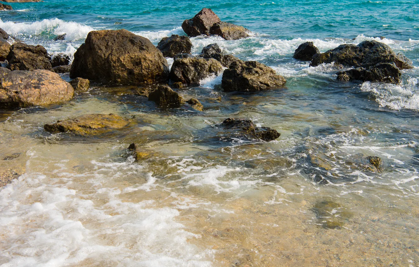 Photo wallpaper sand, sea, wave, beach, summer, the sky, stones, shore
