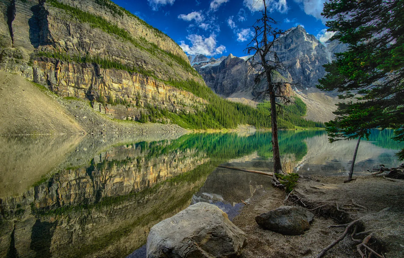 Photo wallpaper trees, mountains, lake, reflection, stones, Canada