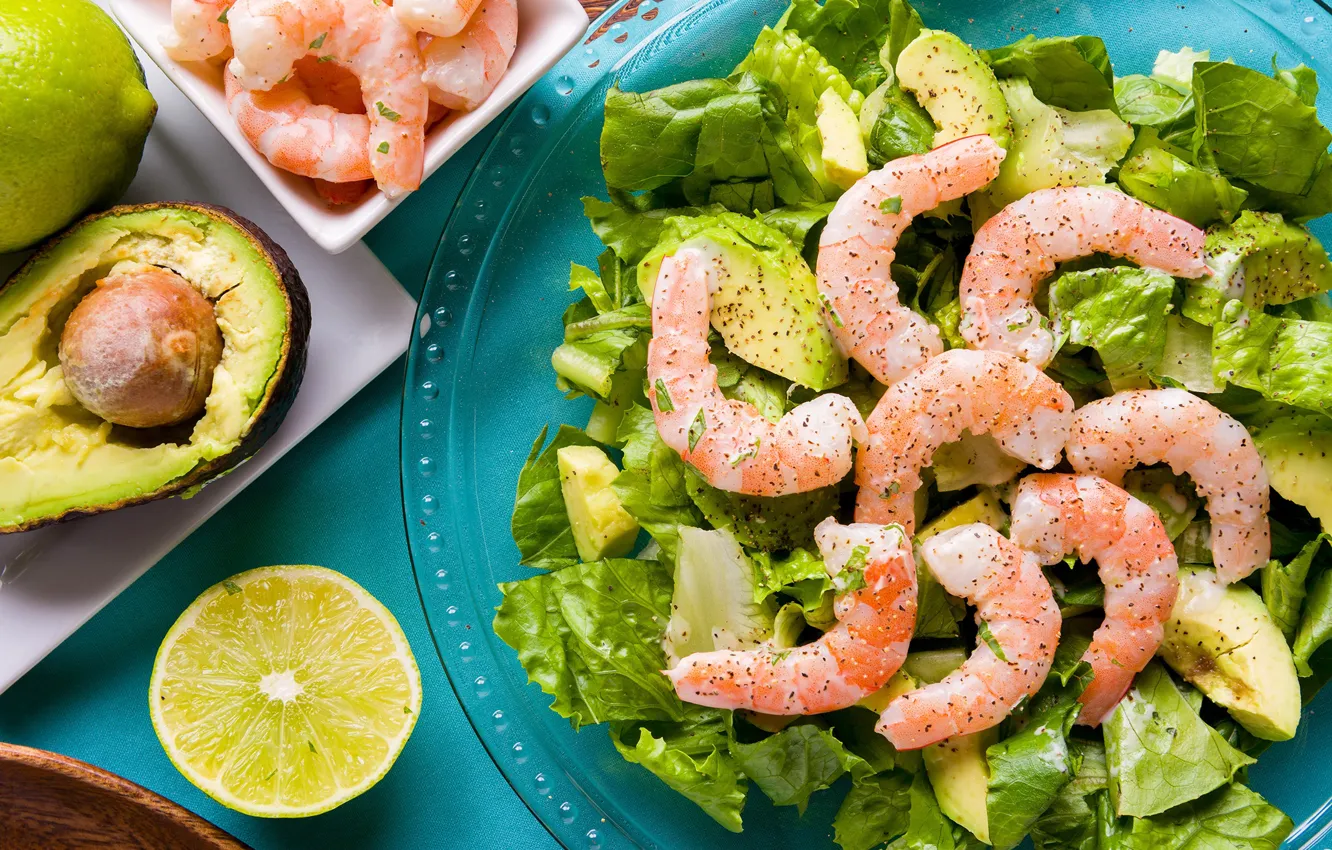 Photo wallpaper lime, salad, shrimp, avocado