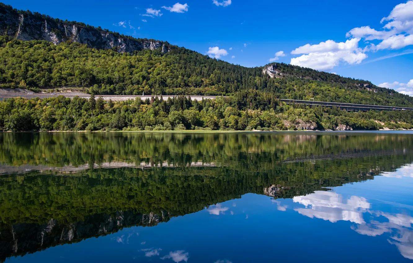 Photo wallpaper forest, mountains, lake, reflection, France, France, Lac de Sylans, Les-Poise