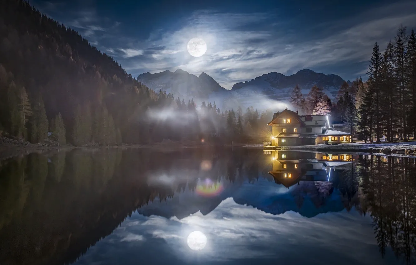 Photo wallpaper light, landscape, mountains, night, nature, lake, the moon, home