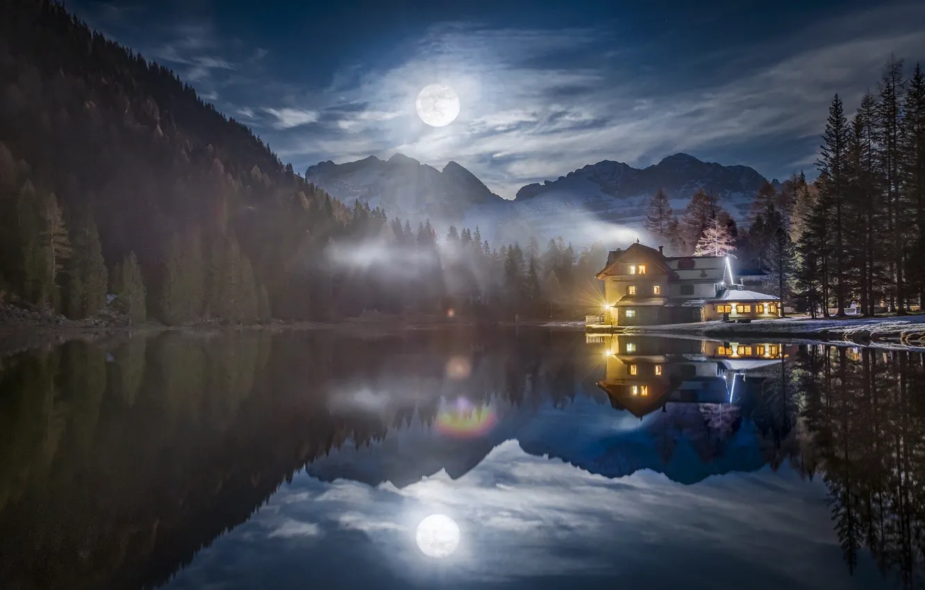 Photo wallpaper forest, light, landscape, mountains, night, nature, lake, the moon