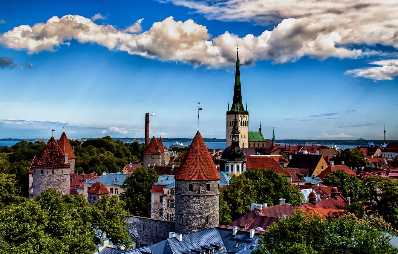 Photo wallpaper sea, trees, landscape, tower, home, Estonia, panorama, Tallinn