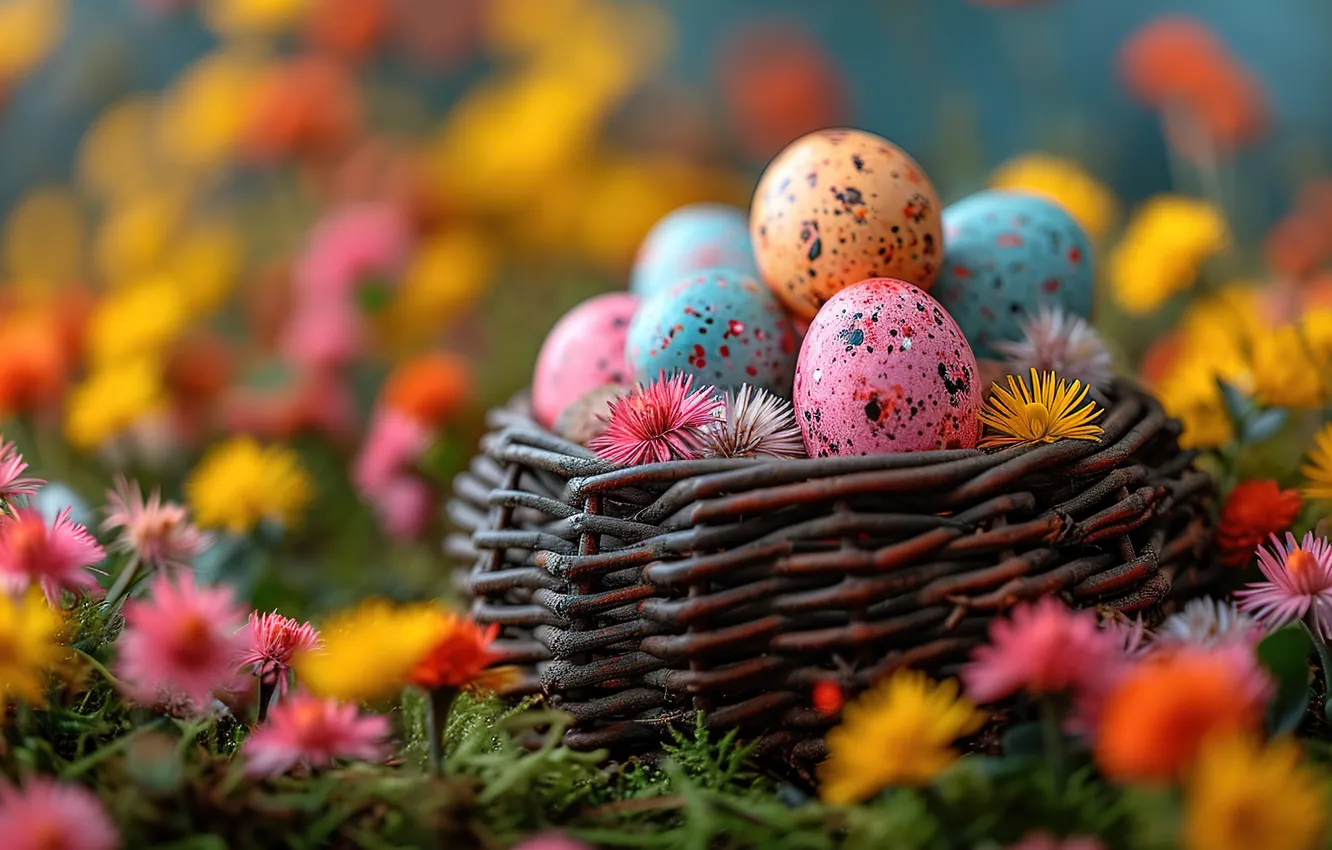 Photo wallpaper flowers, eggs, spring, colorful, Easter, pink, flowers, spring