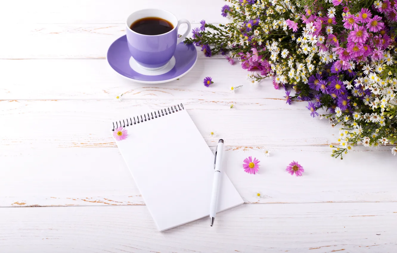 Photo wallpaper summer, flowers, coffee, handle, Notepad