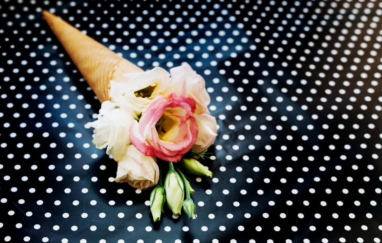 Photo wallpaper Flowers, Background, Eustoma, Waffle cone, Peas