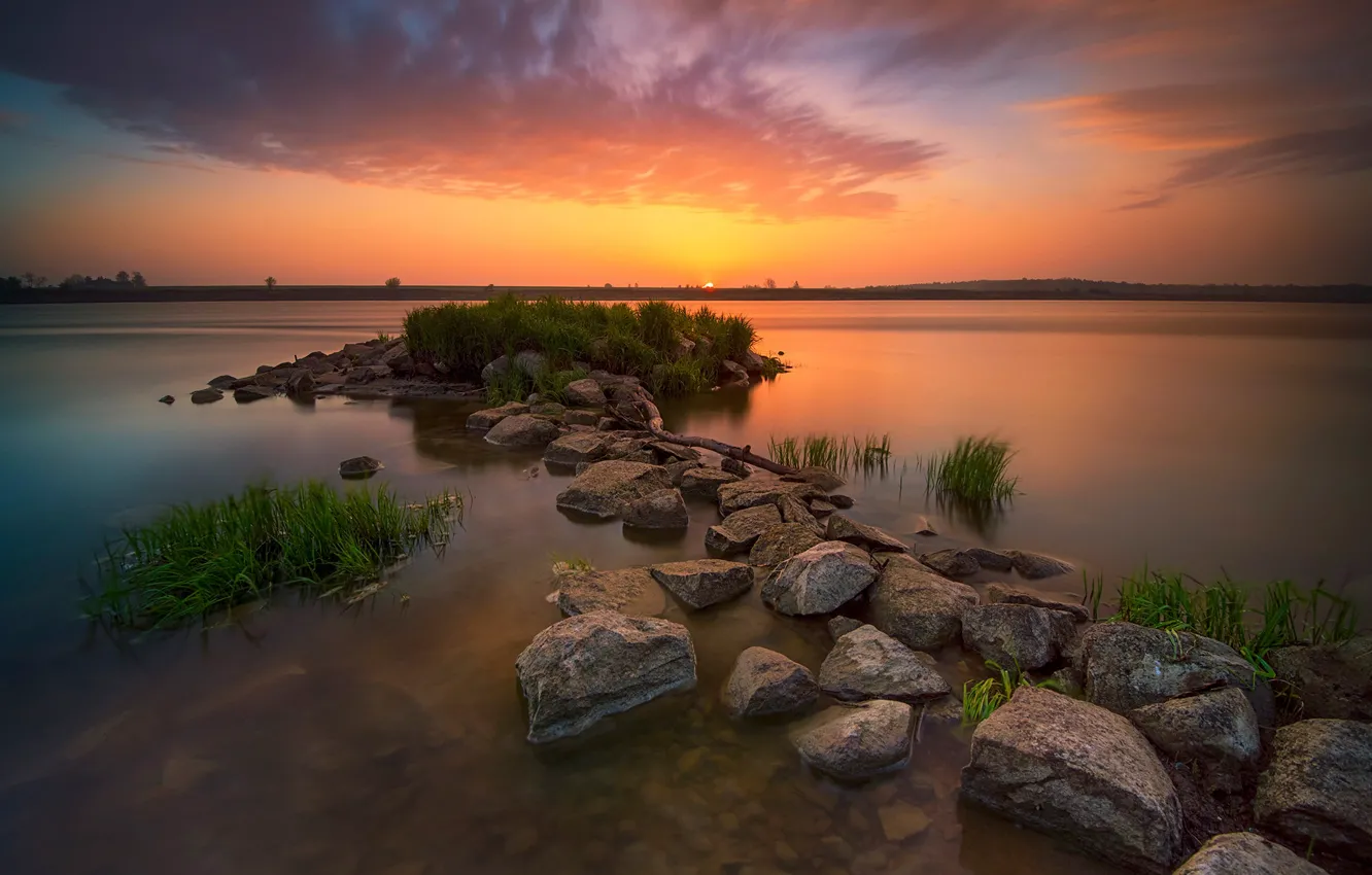 Photo wallpaper grass, clouds, sunset, lake, stones, shore, dal, pond