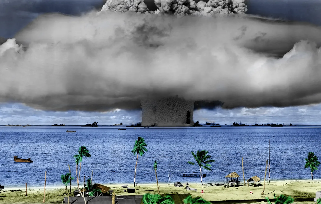 Photo wallpaper beach, the explosion, shore, mushroom, nuclear weapons, shock wave