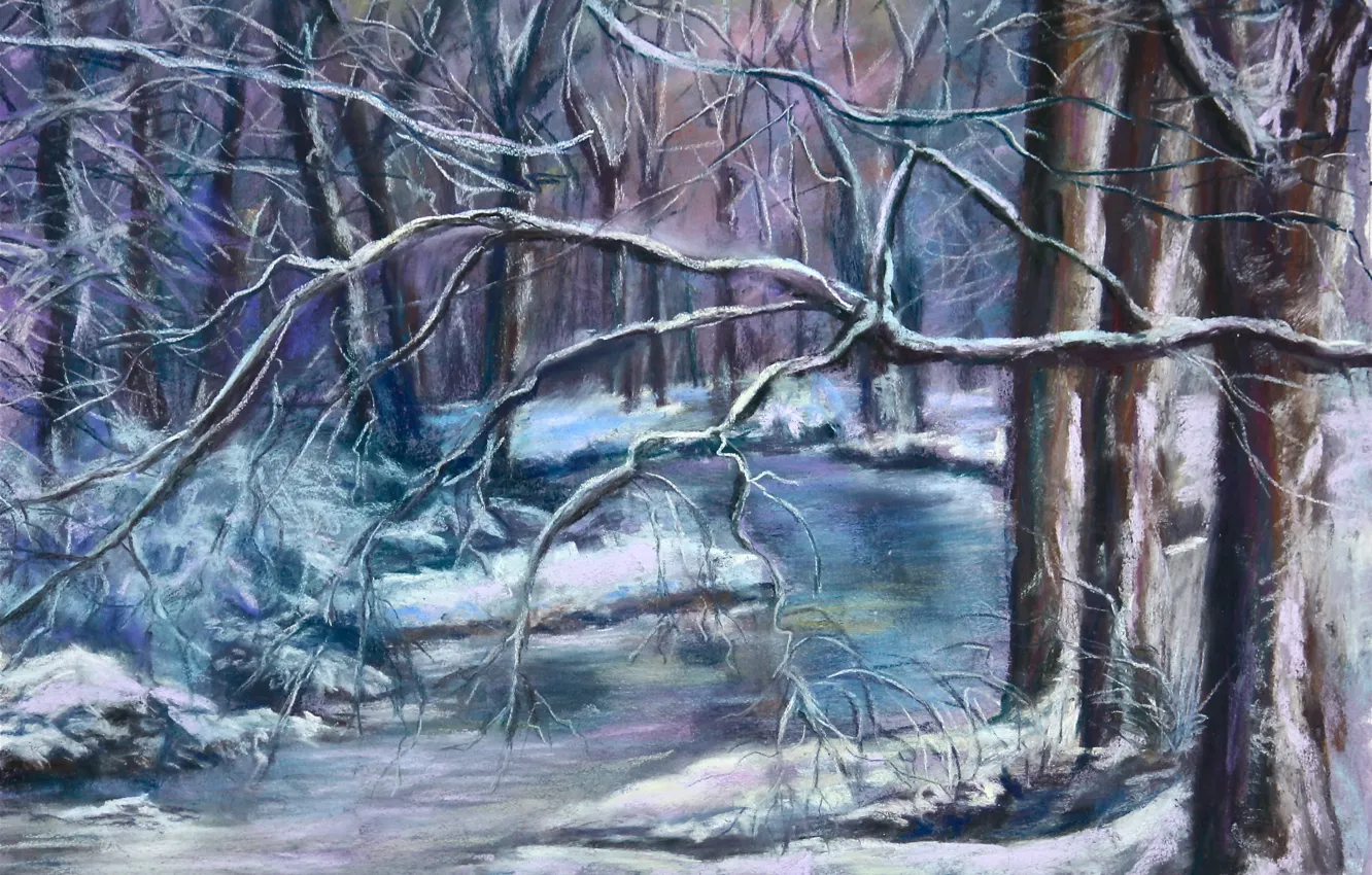 Photo wallpaper winter, snow, trees, landscape, branches, frost, river, painting