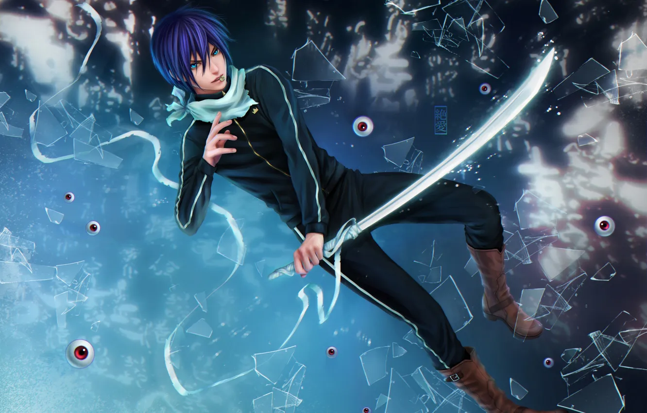 Photo wallpaper eyes, look, fragments, weapons, katana, tape, coins, guy