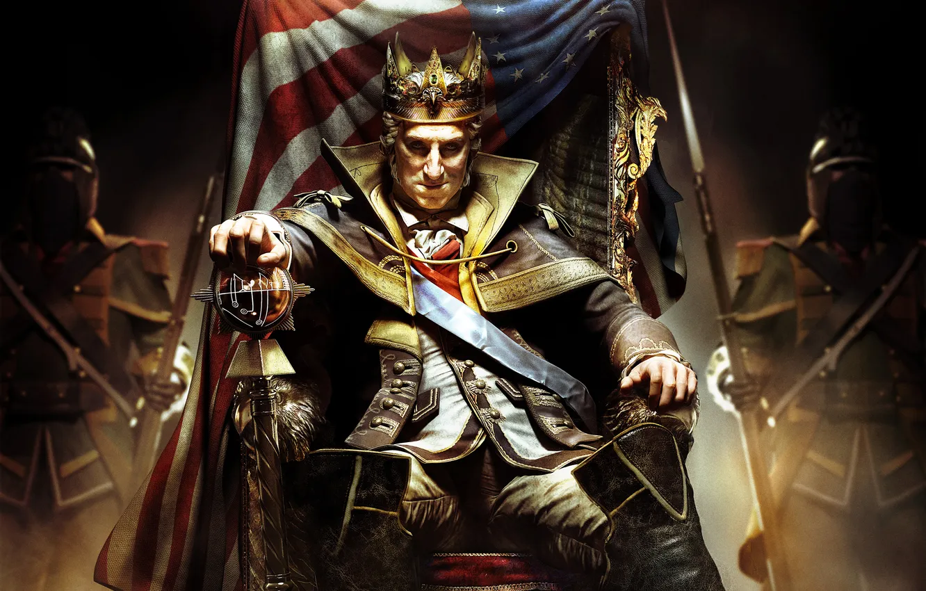 Photo wallpaper chair, flag, America, the throne, king, George Washington, Assassin’s Creed III, King