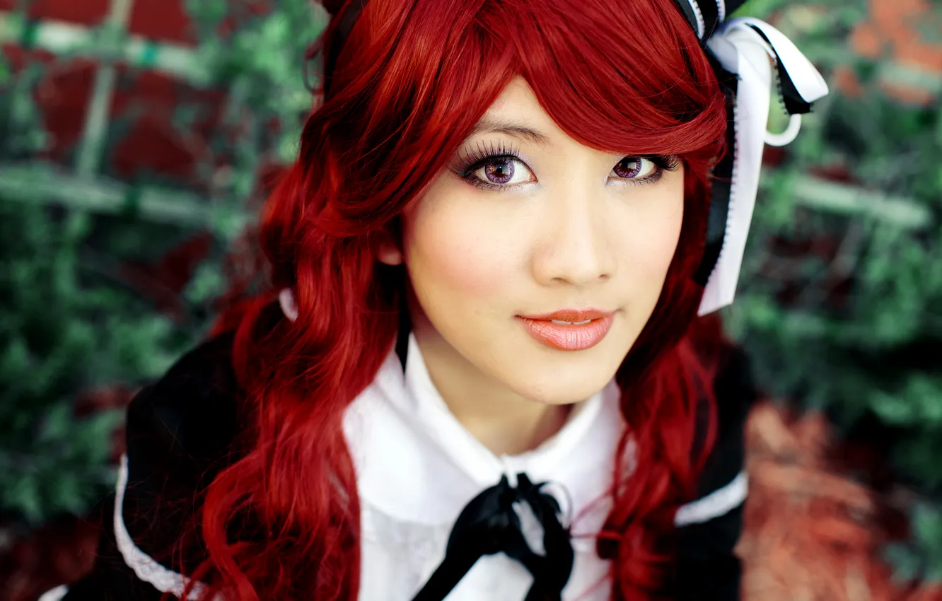 Photo wallpaper girl, red, hair, Asian, lenses