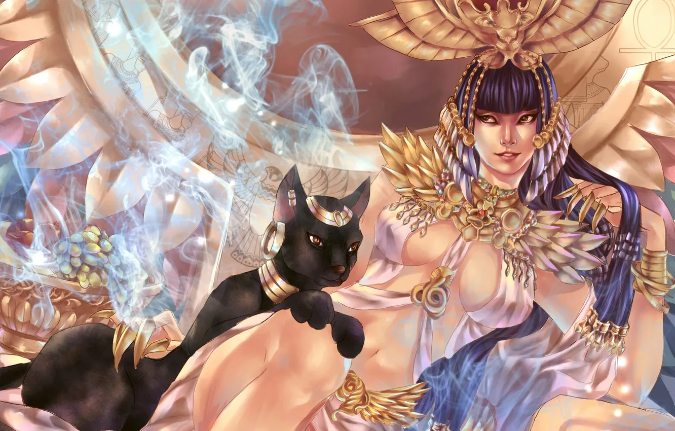 Photo wallpaper cat, girl, smoke, Cleopatra