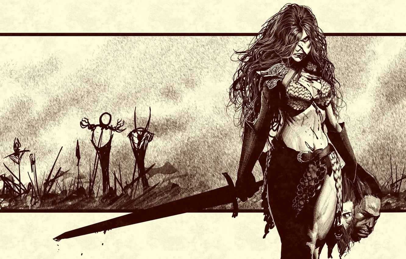 Photo wallpaper eyes, look, girl, weapons, fiction, blood, hair, sword