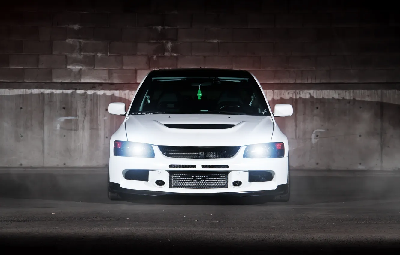 Photo wallpaper white, glare, shadow, Mitsubishi, Lancer, white, Evolution, Front