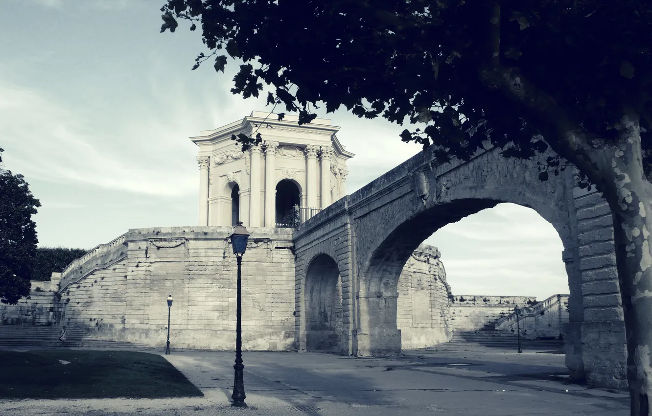 Photo wallpaper trees, bridge, France, lights, gazebo, Montpellier