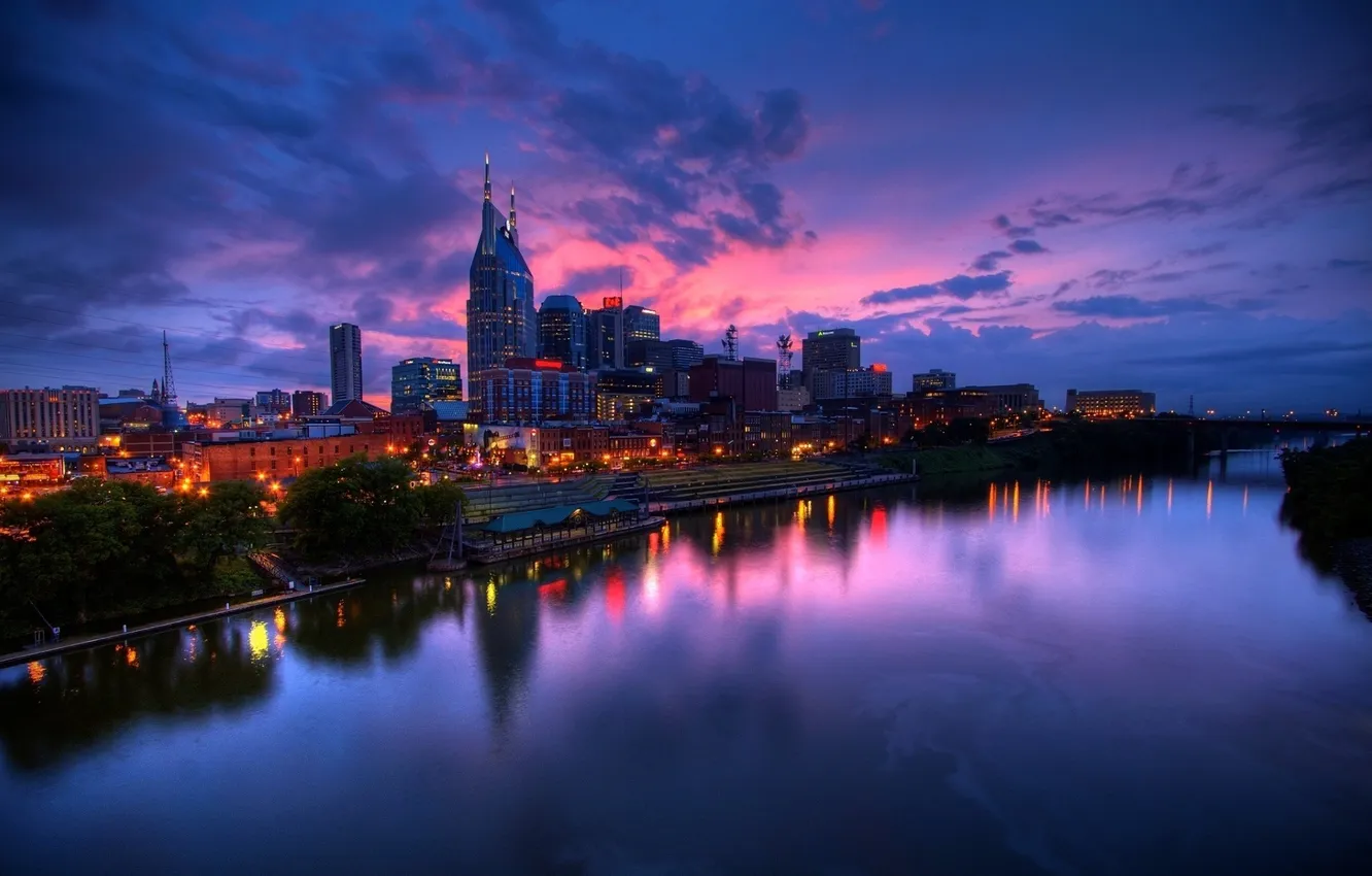 Photo wallpaper lights, USA, USA, twilight, Nashville, Nashville, the Cumberland river