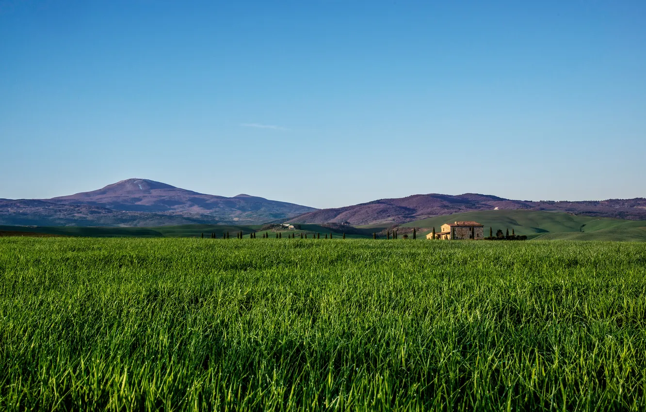 Photo wallpaper field, the sky, grass, mountains, home, Italy