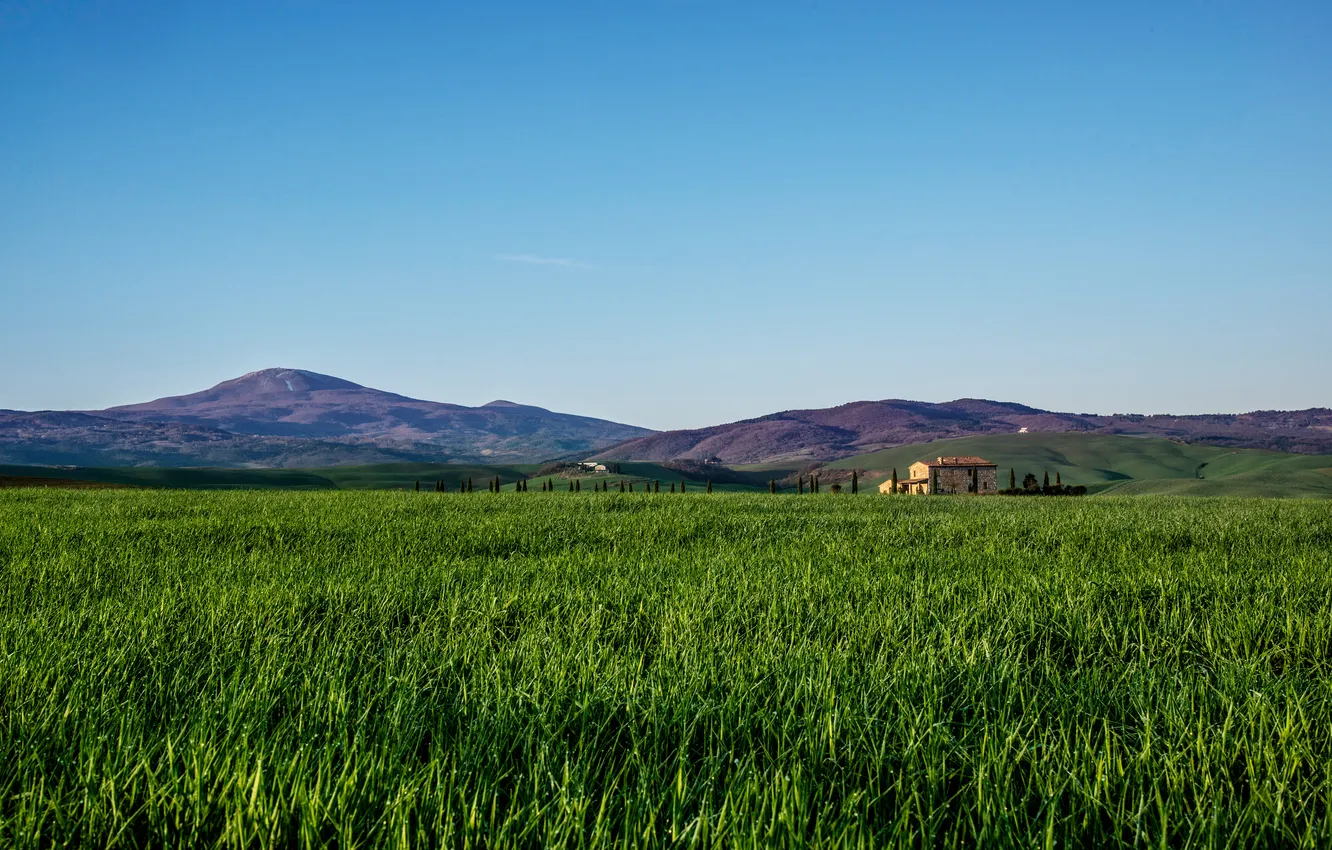 Photo wallpaper field, the sky, grass, mountains, house, Italy