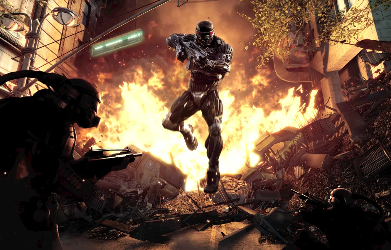 Photo wallpaper The city, Fire, Weapons, Shooting, Slaughter, Crisis 2, Crysis 2