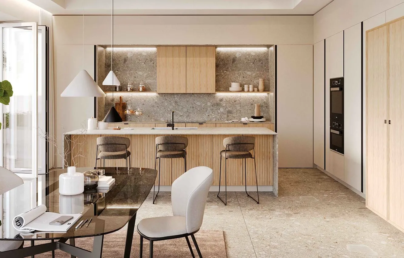 Photo wallpaper style, Villa, interior, Italy, kitchen, dining room, dining area, Italian design