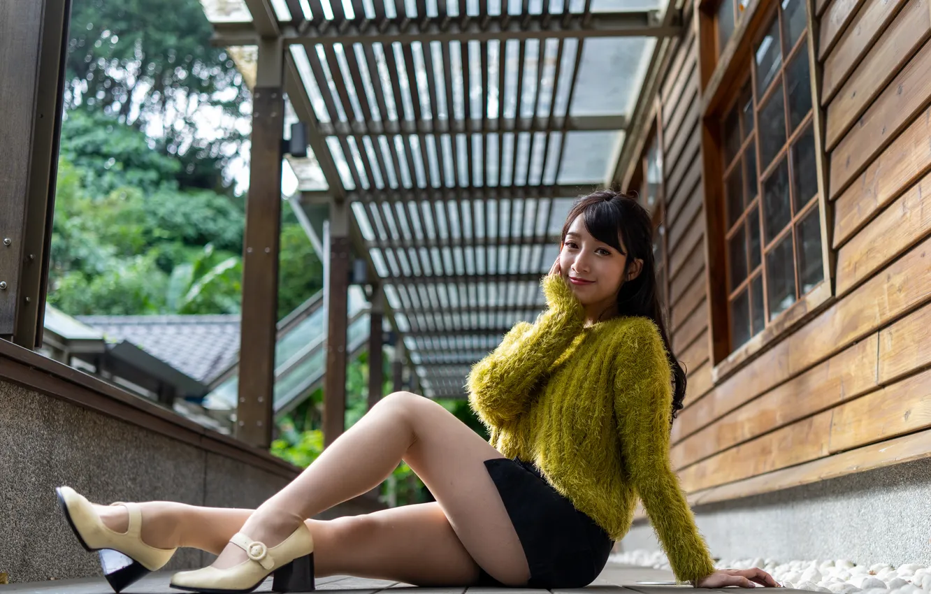 Photo wallpaper girl, skirt, legs, Asian, sweater