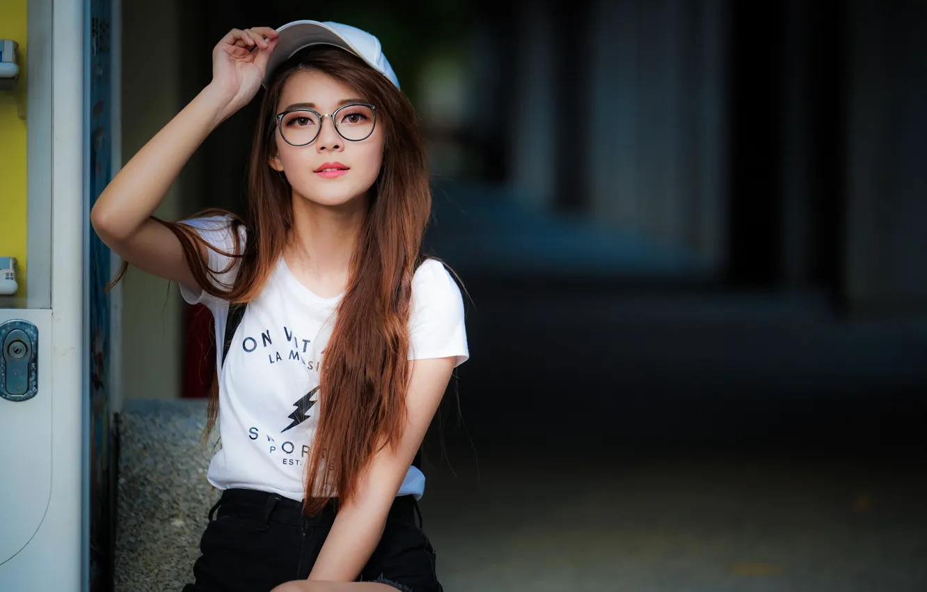 Photo wallpaper look, girl, hair, glasses, cap, Asian